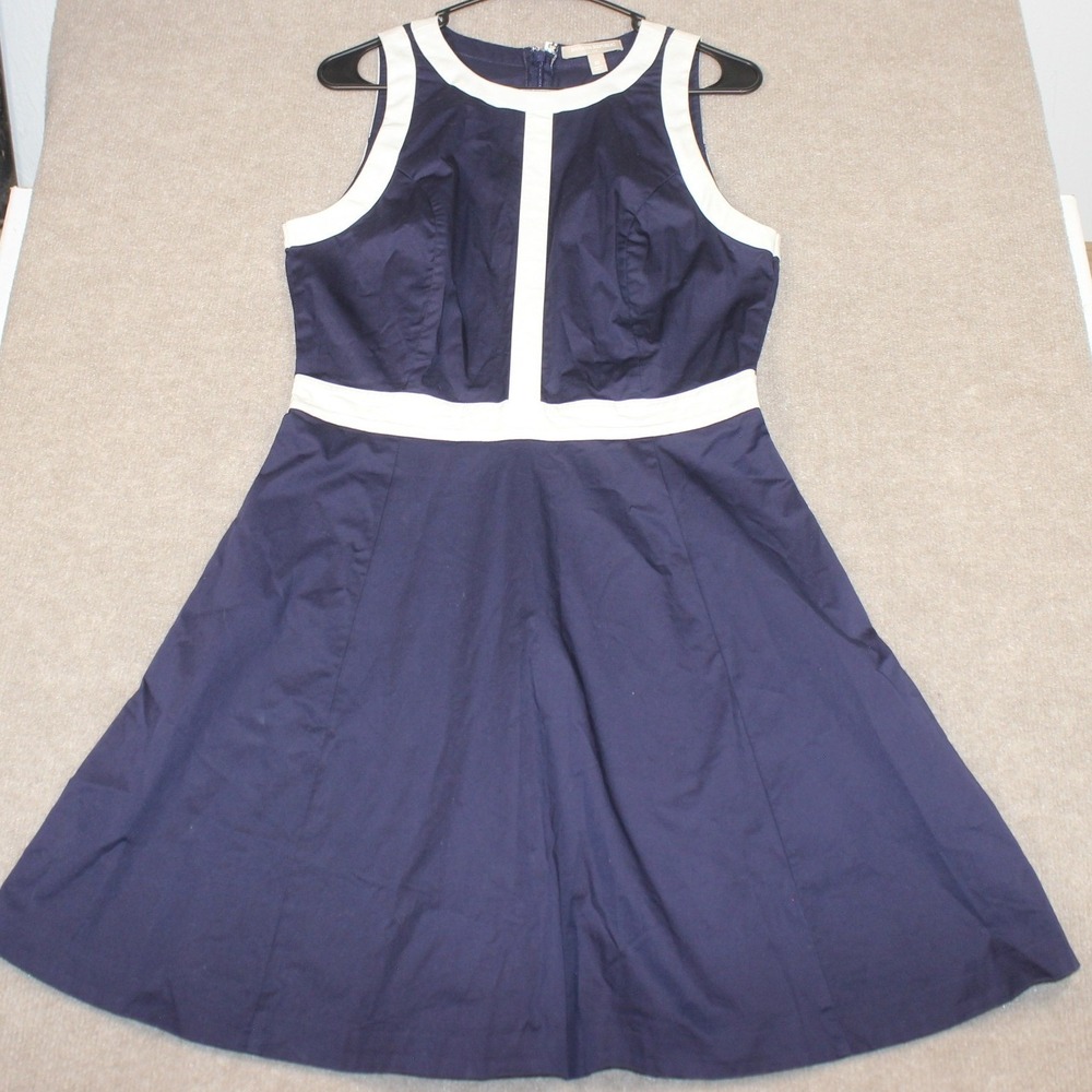 Banana Republic Navy Blue White Contrast Trim Fit Flare Dress Sleeveless 10